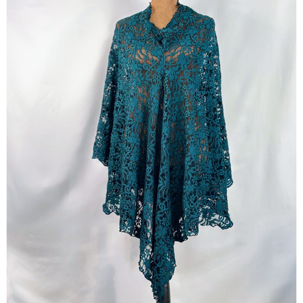 Unbranded Lace Poncho Women OS Teal Blue‎ Good Floral Scalloped Wrap Cape
